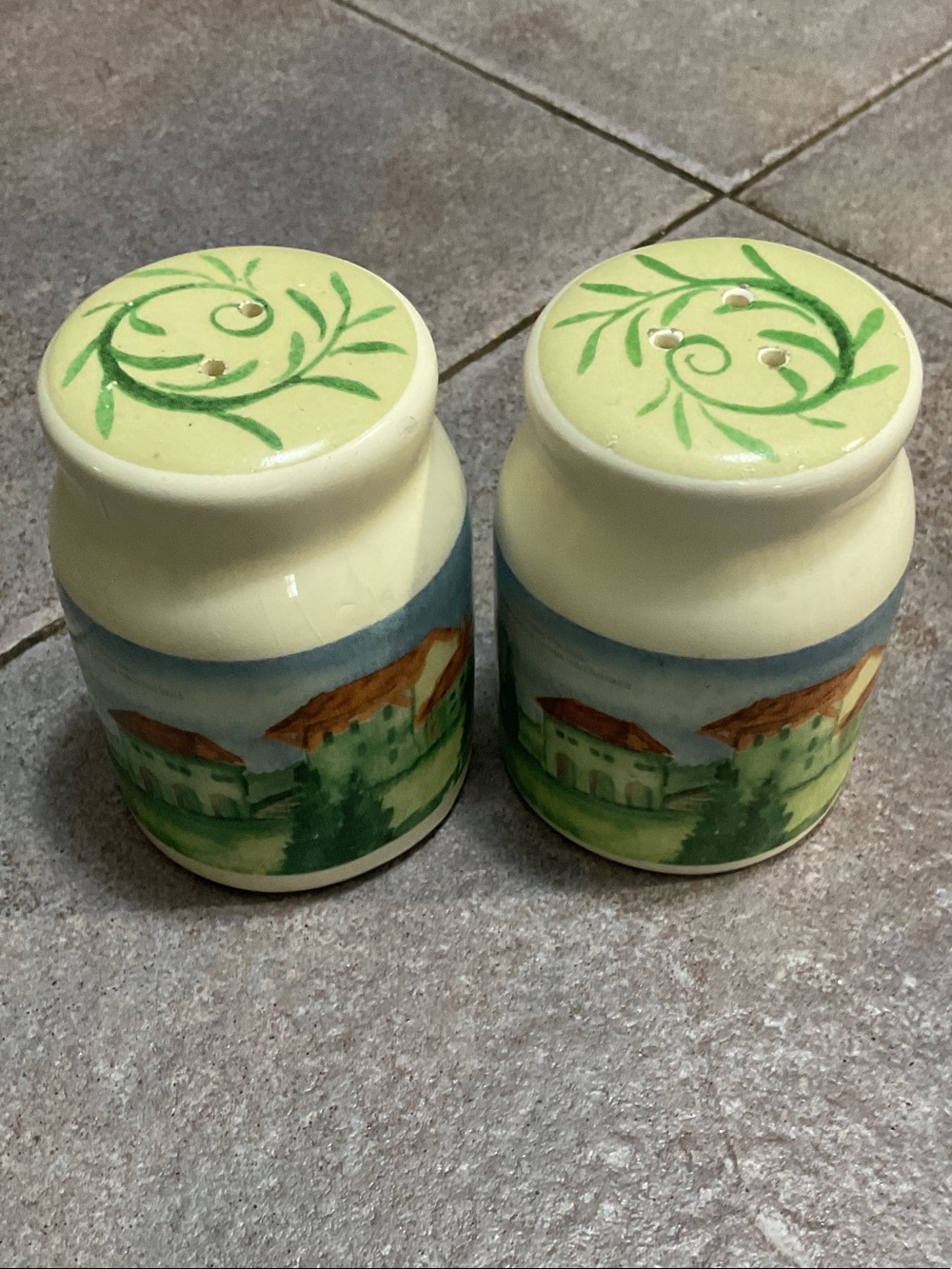 Hand-Painted Ceramic Salt and Pepper Shakers - Cream and Green